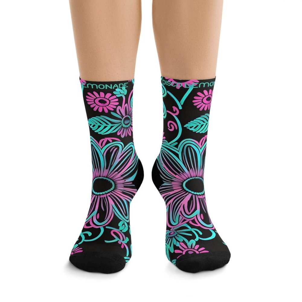 DISCO LEMONADE, Recycled, Poly Socks, Neon, UV, Daisy, Rave,Festival, Socks